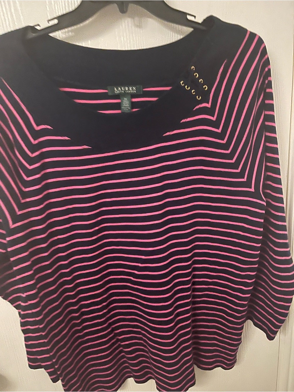 Lauren Ralph Lauren Blue and Pink Striped 3/4 Sleeve Top with Grommet Detail 3X